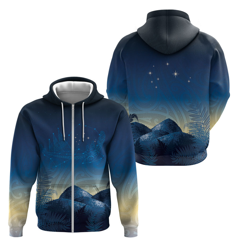 New Zealand Matariki Zip Hoodie Maori Waka With Silver Fern LT05 - Polynesian Pride