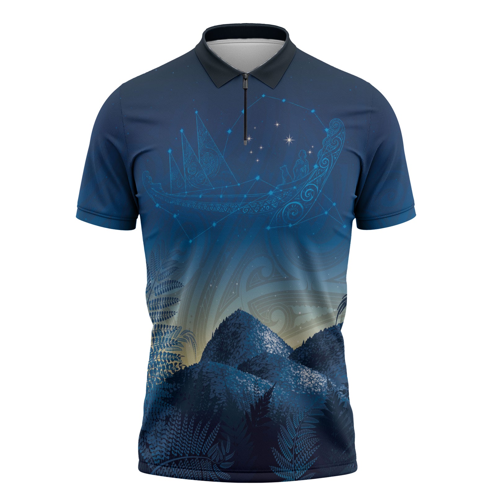 New Zealand Matariki Zipper Polo Shirt Maori Waka With Silver Fern LT05 Navy - Polynesian Pride