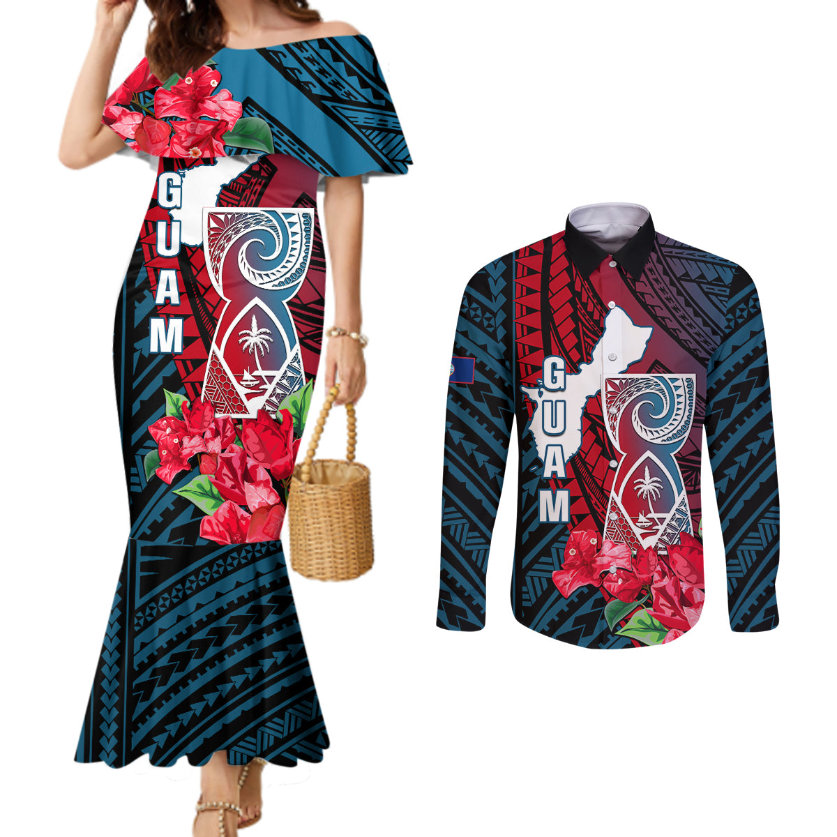 Guam Couples Matching Mermaid Dress and Long Sleeve Button Shirts Latte Stone Mix Bougainvillea Polynesian Pattern LT05 Blue - Polynesian Pride