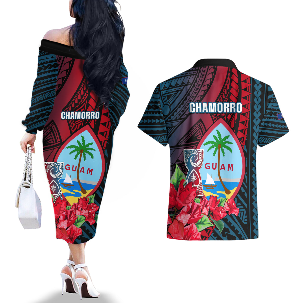 Guam Couples Matching Off The Shoulder Long Sleeve Dress and Hawaiian Shirt Latte Stone Mix Bougainvillea Polynesian Pattern LT05 - Polynesian Pride