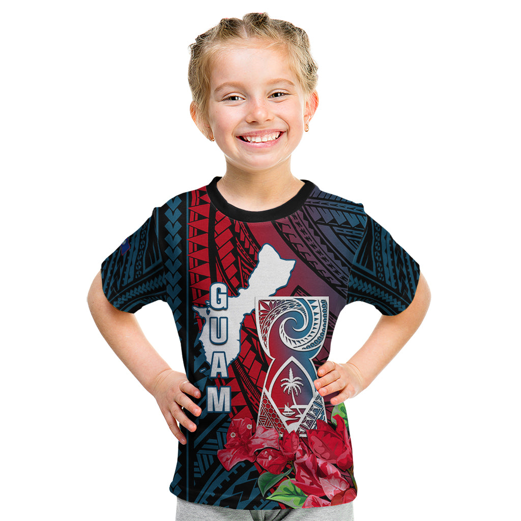 Guam Kid T Shirt Latte Stone Mix Bougainvillea Polynesian Pattern LT05 Blue - Polynesian Pride