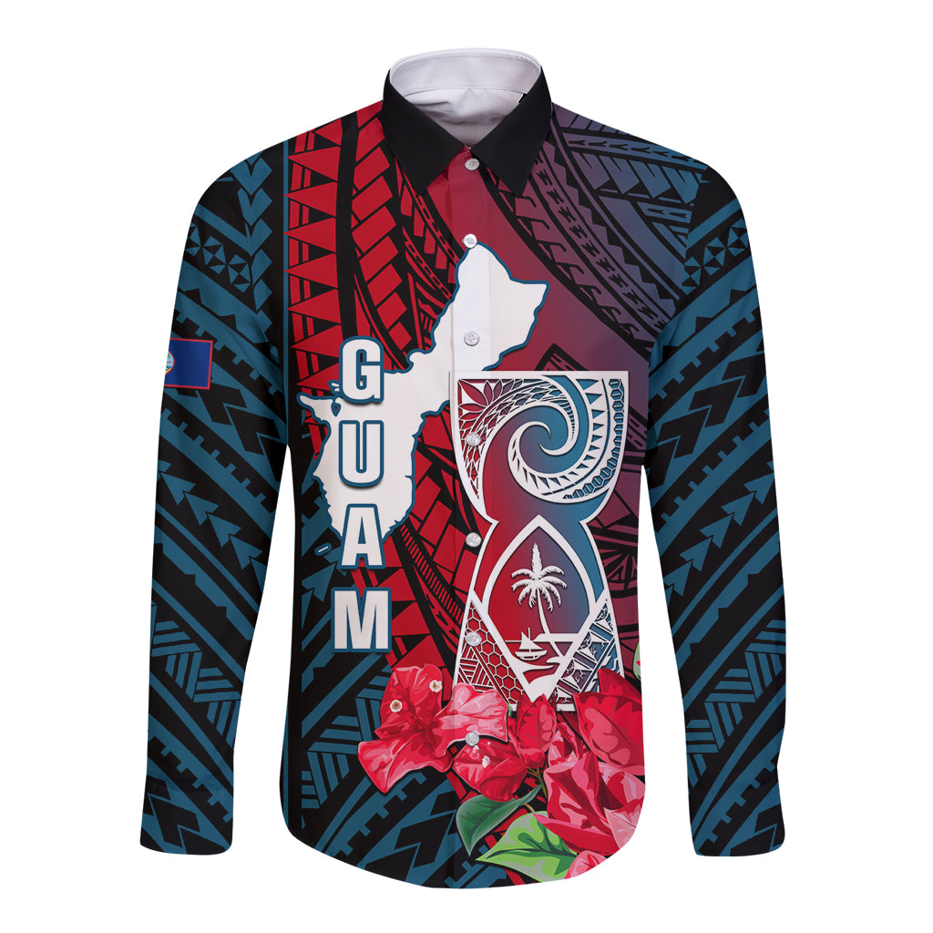 Guam Long Sleeve Button Shirt Latte Stone Mix Bougainvillea Polynesian Pattern LT05 Unisex Blue - Polynesian Pride