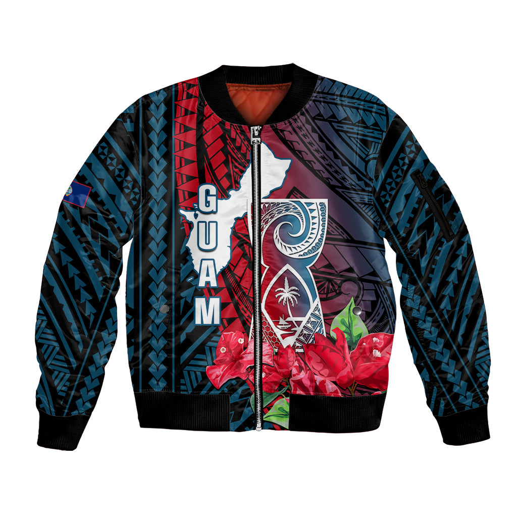 Guam Sleeve Zip Bomber Jacket Latte Stone Mix Bougainvillea Polynesian Pattern LT05 Unisex Blue - Polynesian Pride