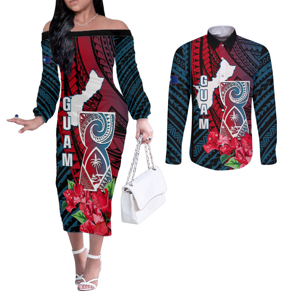 Personalized Guam Couples Matching Off The Shoulder Long Sleeve Dress and Long Sleeve Button Shirts Latte Stone Mix Bougainvillea Polynesian Pattern LT05 Blue - Polynesian Pride