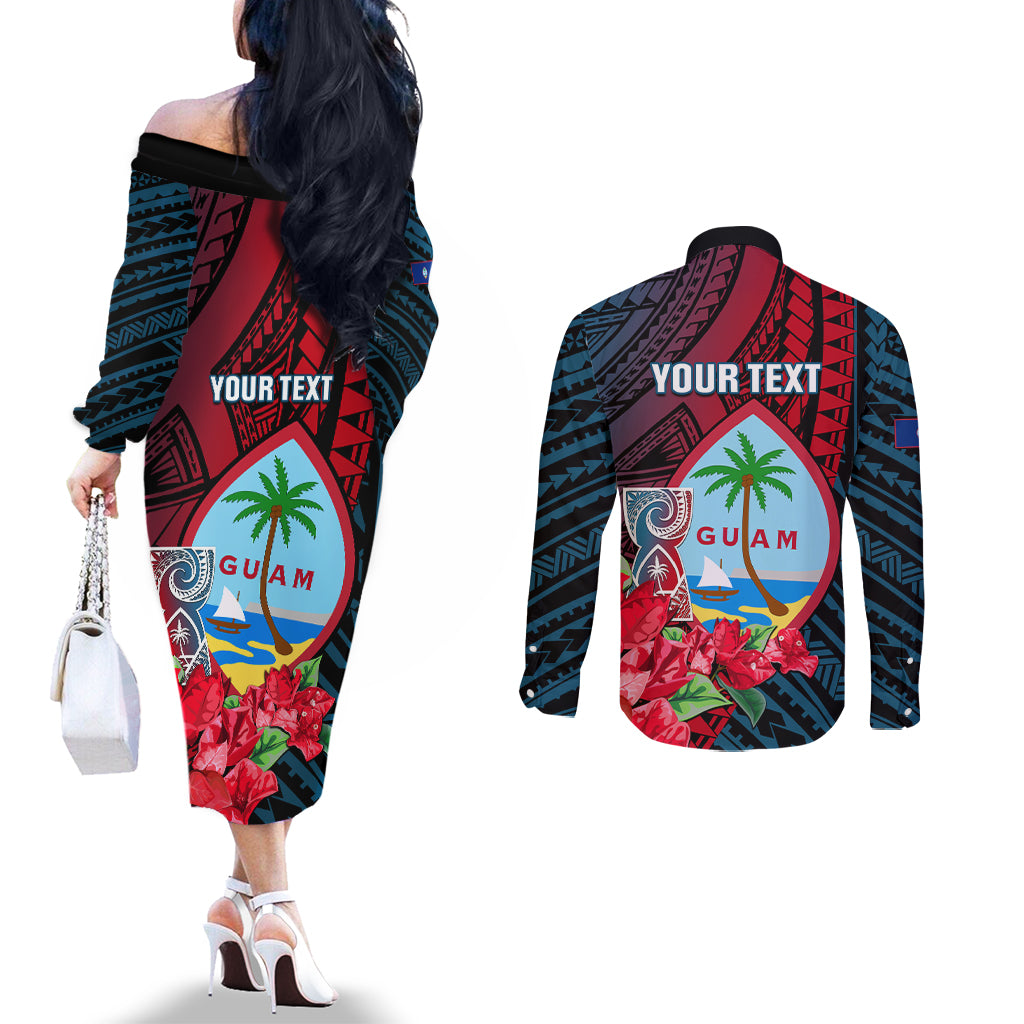 Personalized Guam Couples Matching Off The Shoulder Long Sleeve Dress and Long Sleeve Button Shirts Latte Stone Mix Bougainvillea Polynesian Pattern LT05 - Polynesian Pride