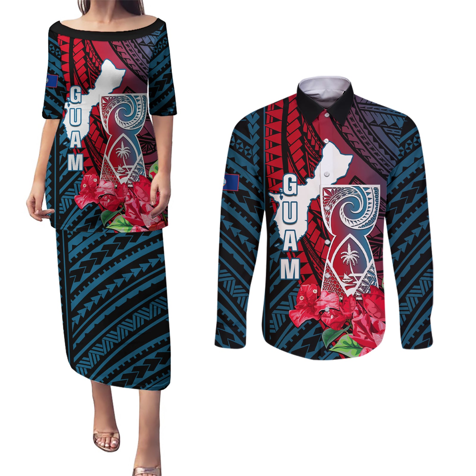 Personalized Guam Couples Matching Puletasi Dress and Long Sleeve Button Shirts Latte Stone Mix Bougainvillea Polynesian Pattern LT05 Blue - Polynesian Pride