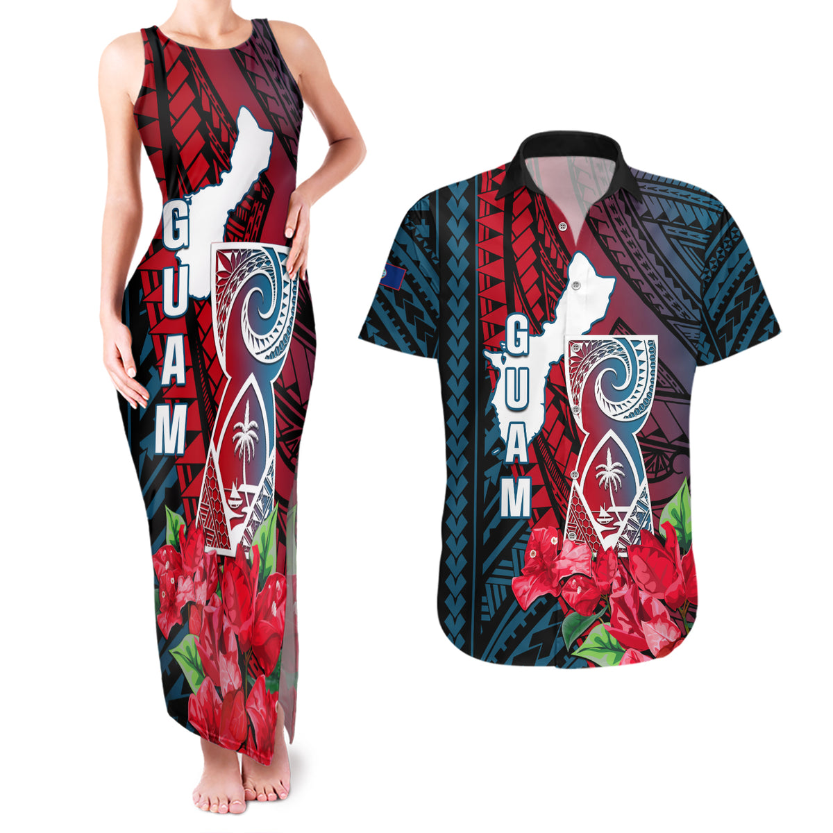Personalized Guam Couples Matching Tank Maxi Dress and Hawaiian Shirt Latte Stone Mix Bougainvillea Polynesian Pattern LT05 Blue - Polynesian Pride