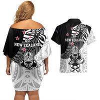 New Zealand Silver Fern Rugby Couples Matching Off Shoulder Short Dress and Hawaiian Shirt World Cup 2023 Go Aotearoa Maori Pattern LT05 - Polynesian Pride