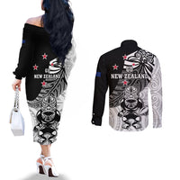 New Zealand Silver Fern Rugby Couples Matching Off The Shoulder Long Sleeve Dress and Long Sleeve Button Shirts World Cup 2023 Go Aotearoa Maori Pattern LT05 - Polynesian Pride