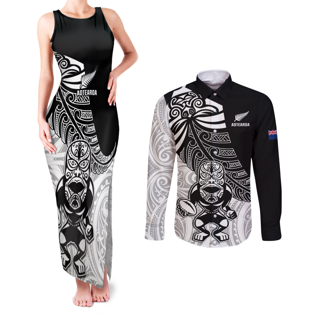 New Zealand Silver Fern Rugby Couples Matching Tank Maxi Dress and Long Sleeve Button Shirts World Cup 2023 Go Aotearoa Maori Pattern LT05 Black - Polynesian Pride