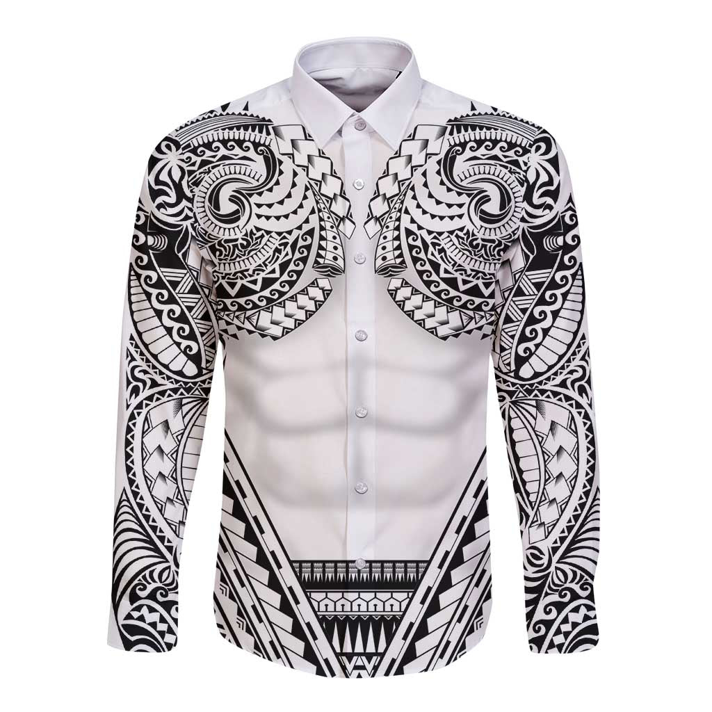 Polynesian Tattoo Inspired Cosplay Costume Long Sleeve Button Shirt Tribal Warrior White - Polynesian Pride