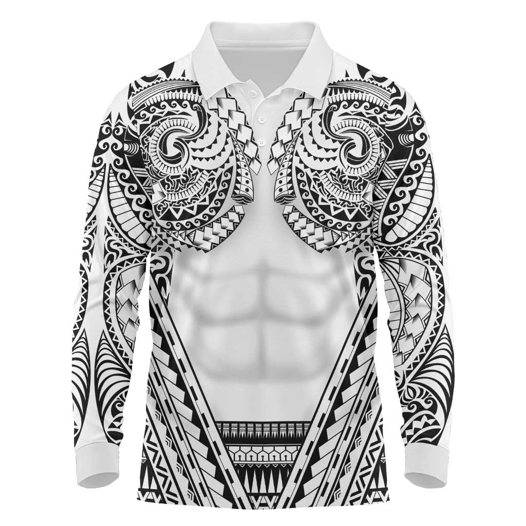 Polynesian Tattoo Inspired Cosplay Costume Long Sleeve Polo Shirt Tribal Warrior White - Polynesian Pride