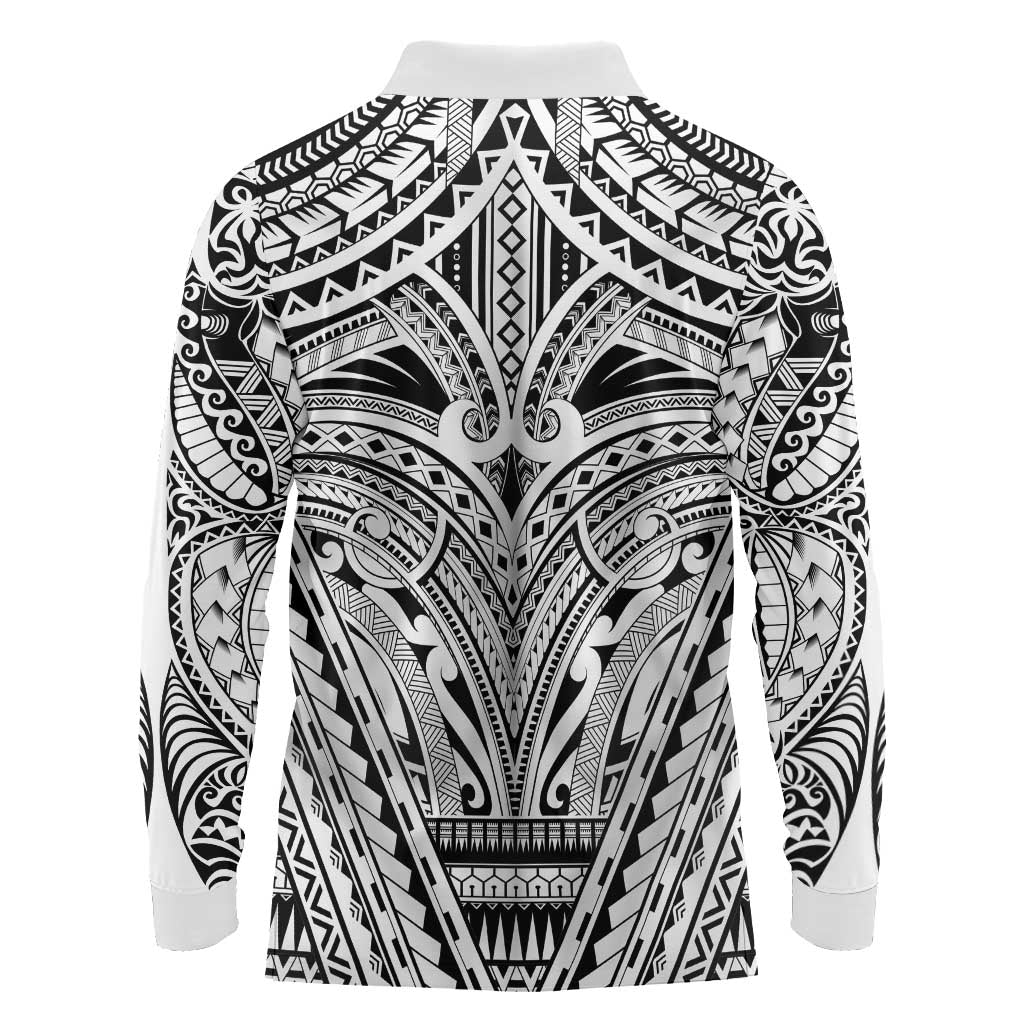 Polynesian Tattoo Inspired Cosplay Costume Long Sleeve Polo Shirt Tribal Warrior White - Polynesian Pride