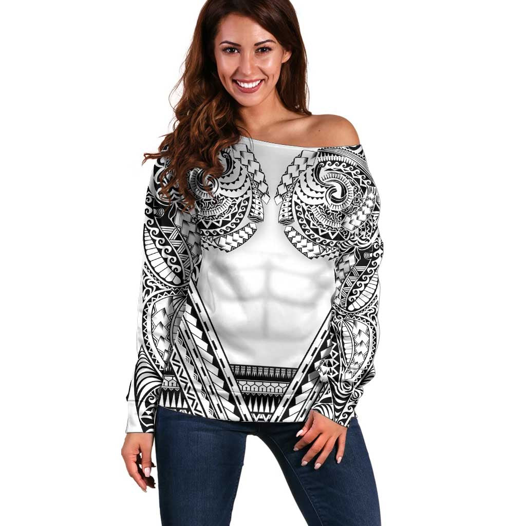 Polynesian Tattoo Inspired Cosplay Costume Off Shoulder Sweater Tribal Warrior White - Polynesian Pride