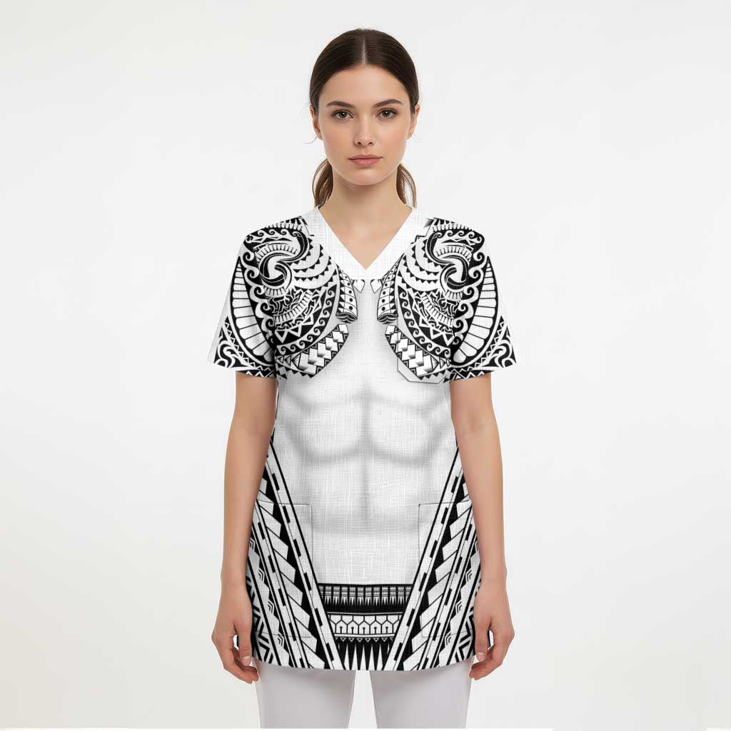 Polynesian Tattoo Inspired Cosplay Costume Scrub Top Tribal Warrior White - Polynesian Pride