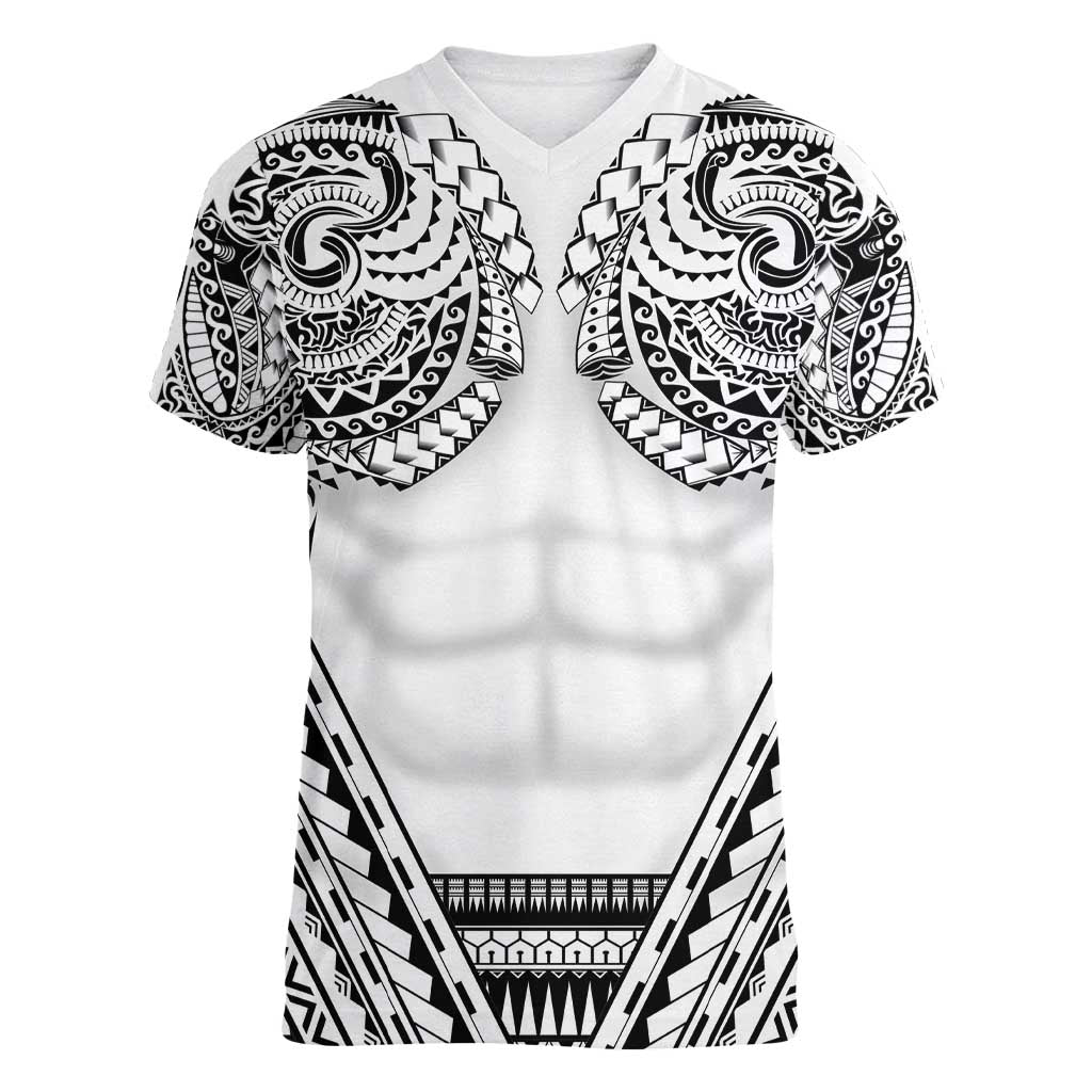 Polynesian Tattoo Inspired Cosplay Costume Women V-Neck T-Shirt Tribal Warrior White - Polynesian Pride
