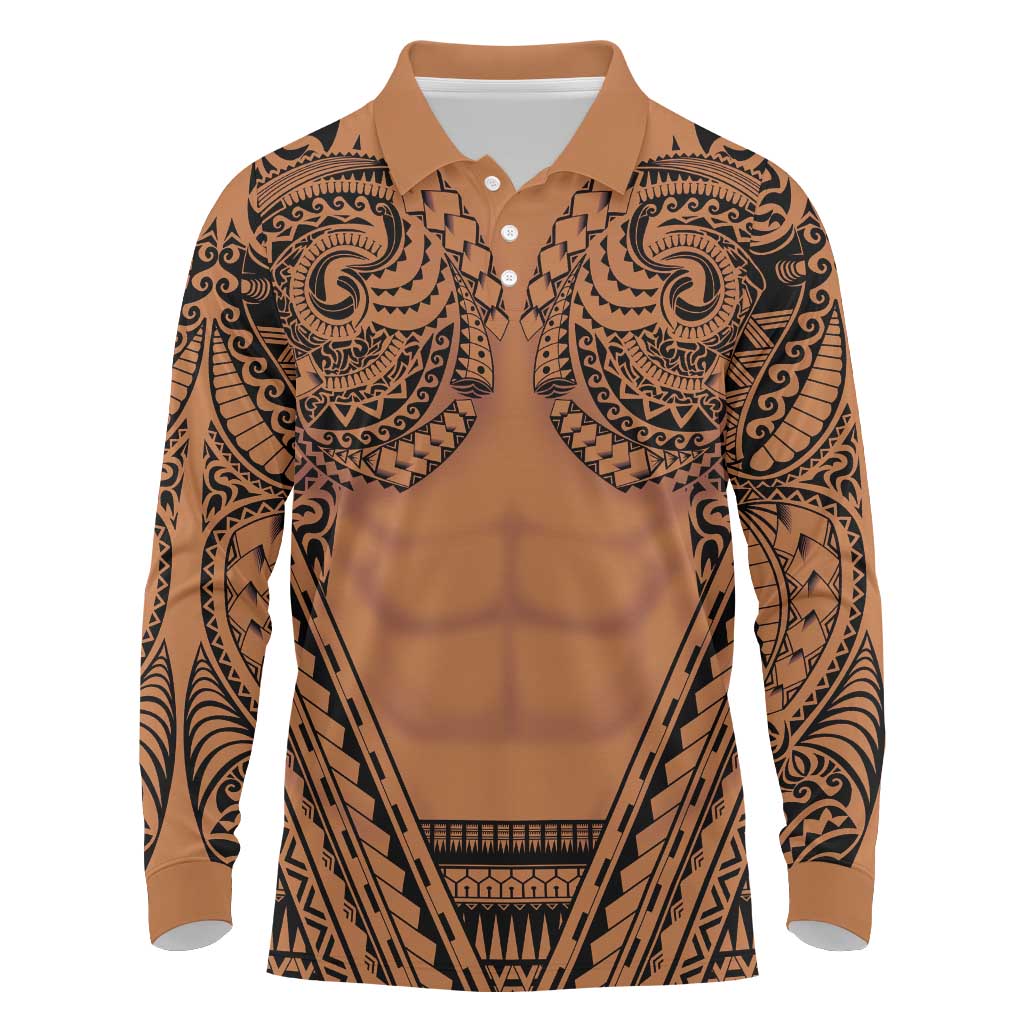 Polynesian Tattoo Inspired Cosplay Costume Long Sleeve Polo Shirt Tribal Warrior LT05 Brown - Polynesian Pride