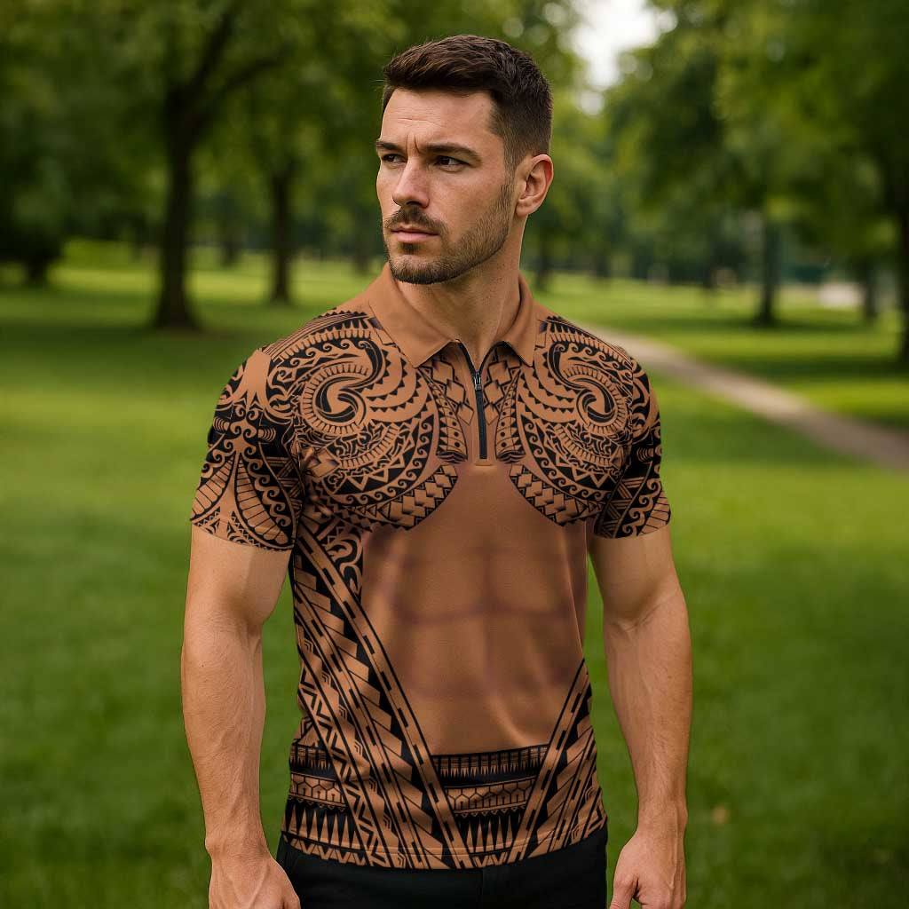 Polynesian Tattoo Inspired Cosplay Costume Zipper Polo Shirt Tribal Warrior - Polynesian Pride