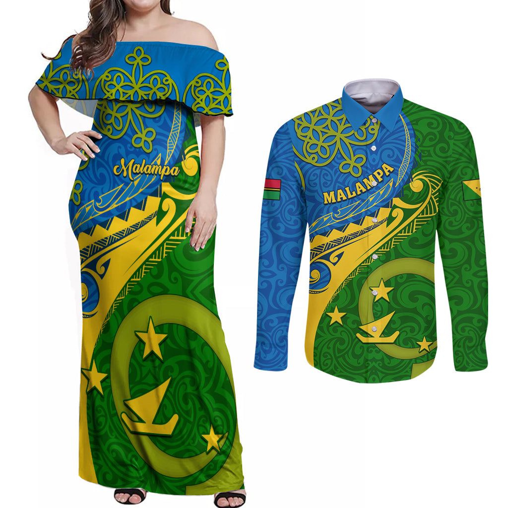 malampa-day-couples-matching-off-shoulder-maxi-dress-and-long-sleeve-button-shirts-sand-drawing-vanuatuan-pattern