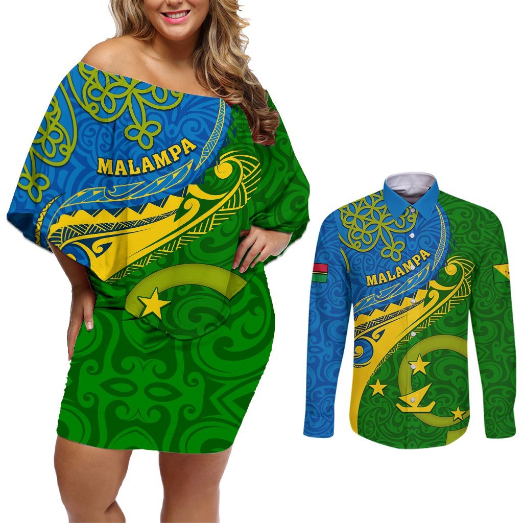 Malampa Day Couples Matching Off Shoulder Short Dress and Long Sleeve Button Shirts Sand Drawing Vanuatuan Pattern LT05 Green - Polynesian Pride