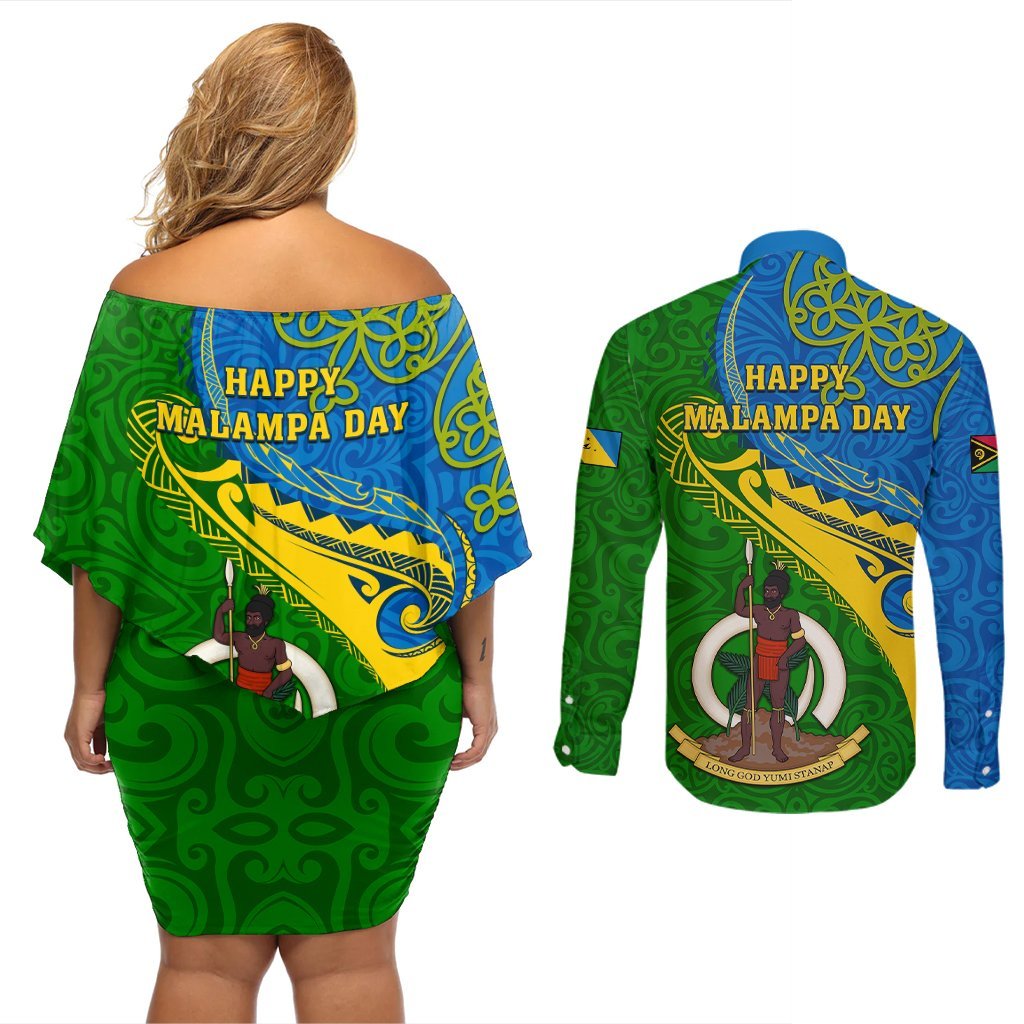 Malampa Day Couples Matching Off Shoulder Short Dress and Long Sleeve Button Shirts Sand Drawing Vanuatuan Pattern LT05 - Polynesian Pride