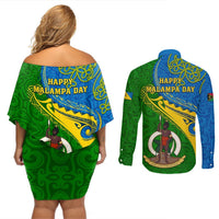 Malampa Day Couples Matching Off Shoulder Short Dress and Long Sleeve Button Shirts Sand Drawing Vanuatuan Pattern LT05 - Polynesian Pride
