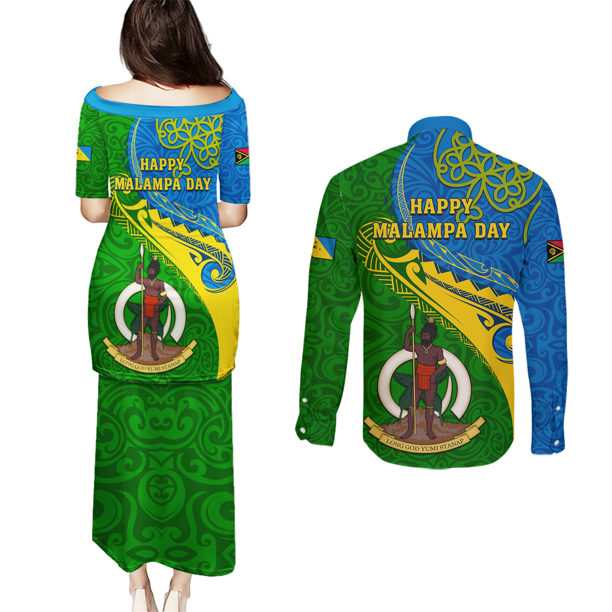 malampa-day-couples-matching-puletasi-dress-and-long-sleeve-button-shirts-sand-drawing-vanuatuan-pattern