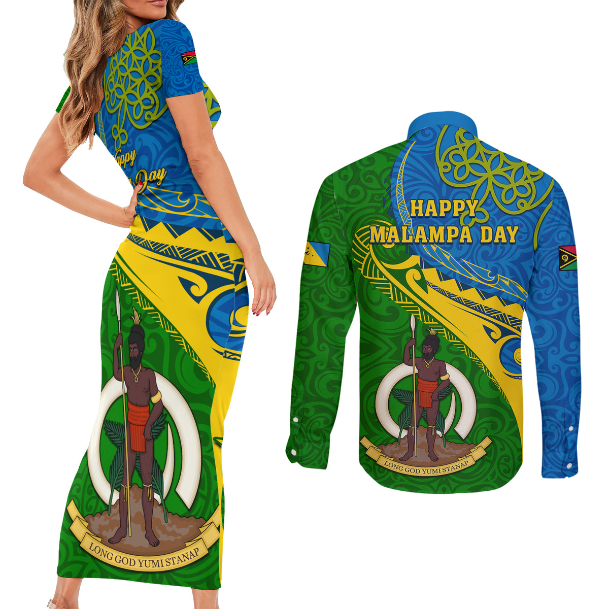 malampa-day-couples-matching-short-sleeve-bodycon-dress-and-long-sleeve-button-shirts-sand-drawing-vanuatuan-pattern