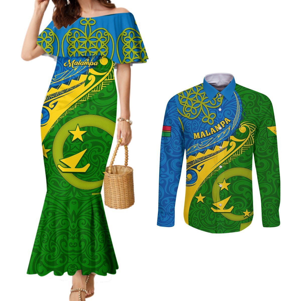 Personalized Malampa Day Couples Matching Mermaid Dress and Long Sleeve Button Shirts Sand Drawing Vanuatuan Pattern LT05 Green - Polynesian Pride