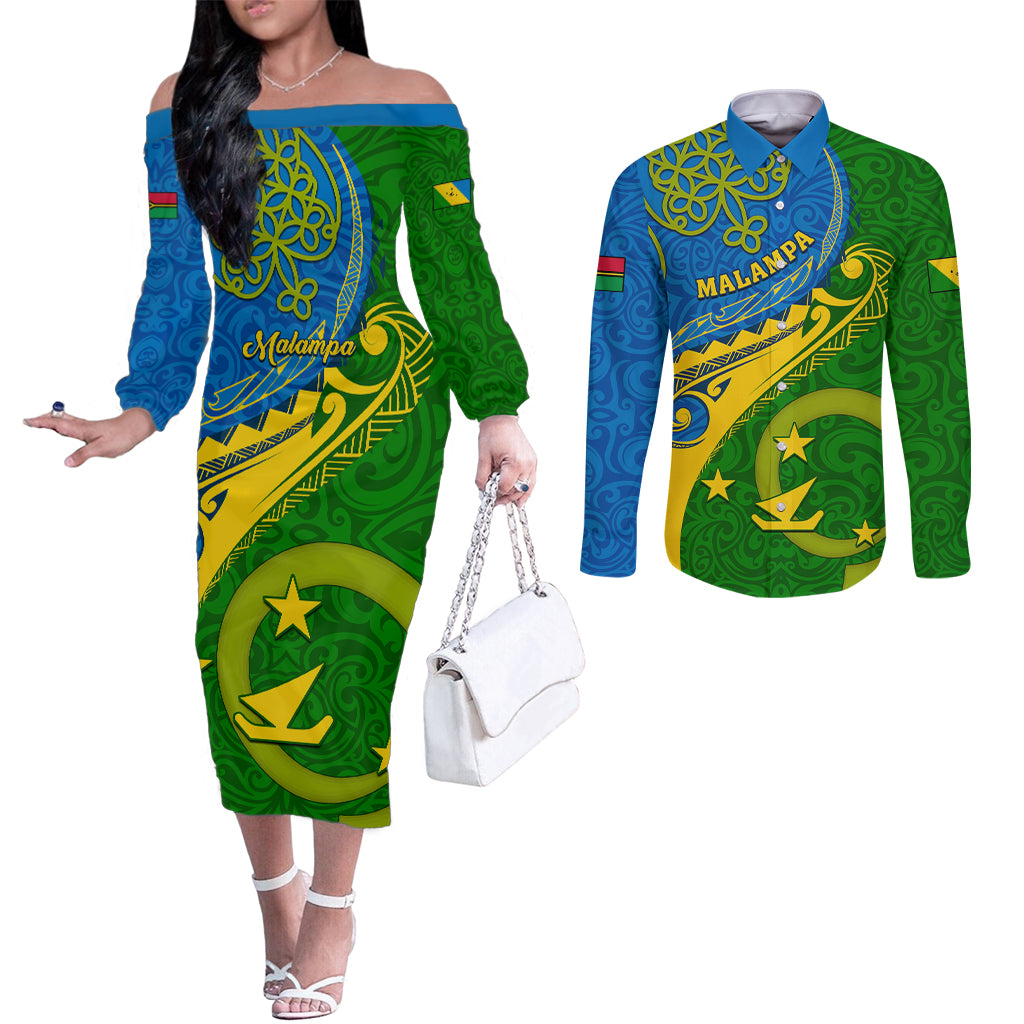 personalized-malampa-day-couples-matching-off-the-shoulder-long-sleeve-dress-and-long-sleeve-button-shirts-sand-drawing-vanuatuan-pattern