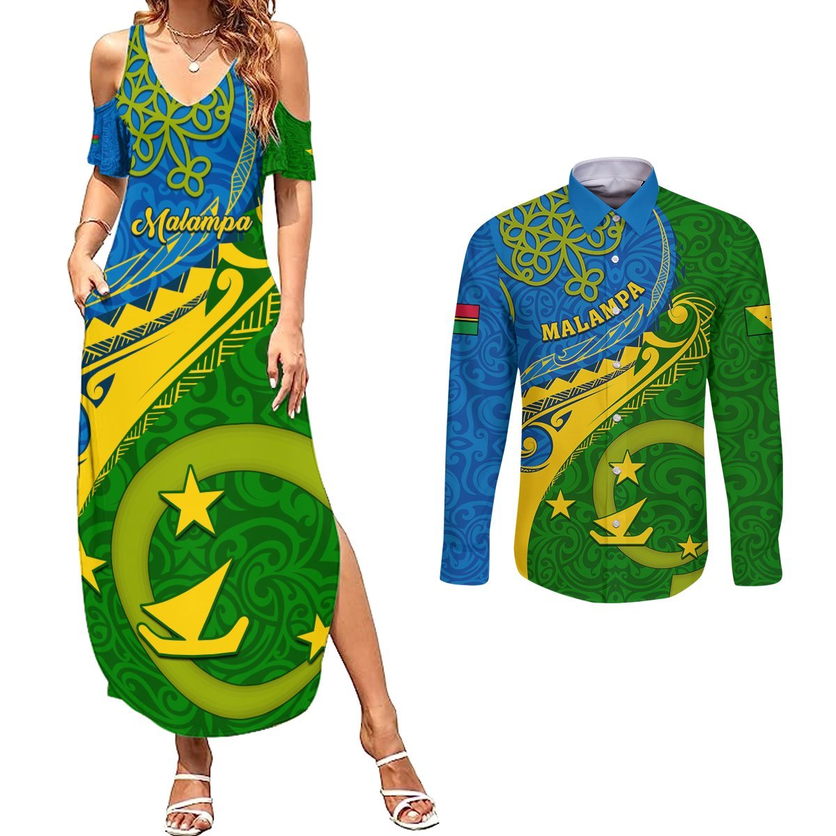 Personalized Malampa Day Couples Matching Summer Maxi Dress and Long Sleeve Button Shirts Sand Drawing Vanuatuan Pattern LT05 Green - Polynesian Pride