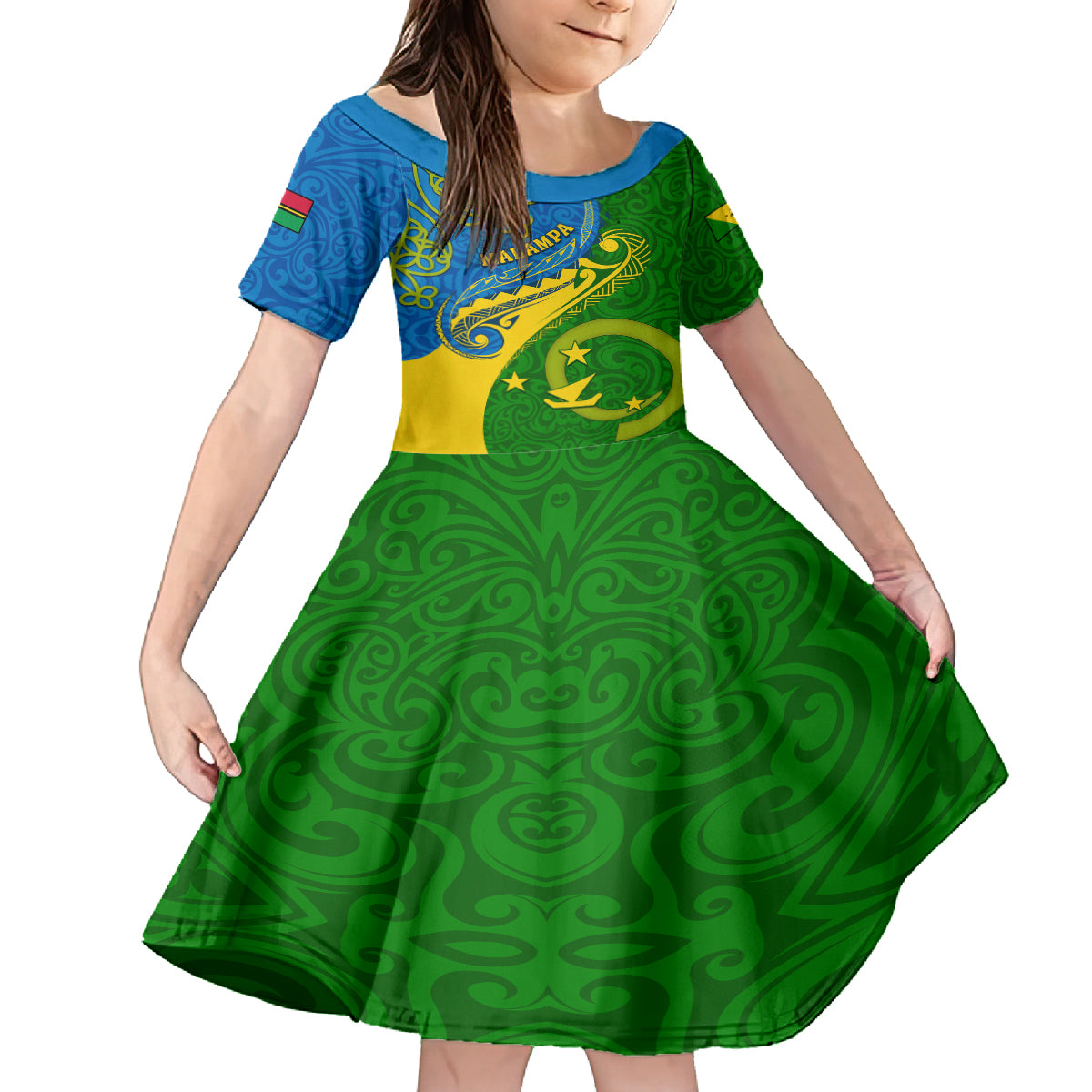 Personalized Malampa Day Family Matching Off Shoulder Long Sleeve Dress and Hawaiian Shirt Sand Drawing Vanuatuan Pattern LT05 Daughter's Dress Green - Polynesian Pride