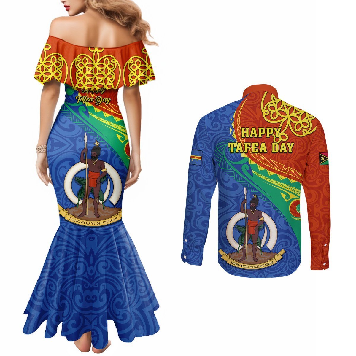 Tafea Day Couples Matching Mermaid Dress and Long Sleeve Button Shirts Sand Drawing Vanuatuan Pattern LT05 - Polynesian Pride