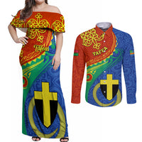 tafea-day-couples-matching-off-shoulder-maxi-dress-and-long-sleeve-button-shirts-sand-drawing-vanuatuan-pattern