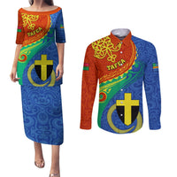 Tafea Day Couples Matching Puletasi Dress and Long Sleeve Button Shirts Sand Drawing Vanuatuan Pattern LT05 Blue - Polynesian Pride