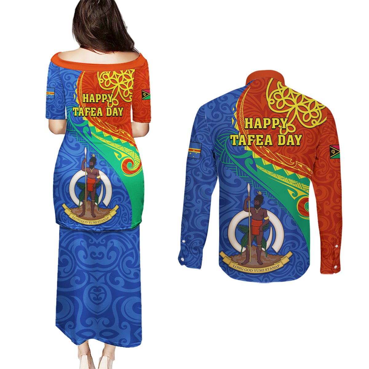 Tafea Day Couples Matching Puletasi Dress and Long Sleeve Button Shirts Sand Drawing Vanuatuan Pattern LT05 - Polynesian Pride