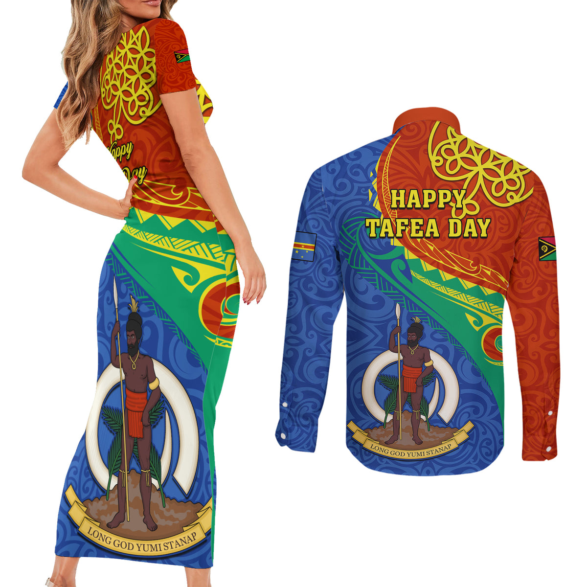 tafea-day-couples-matching-short-sleeve-bodycon-dress-and-long-sleeve-button-shirts-sand-drawing-vanuatuan-pattern