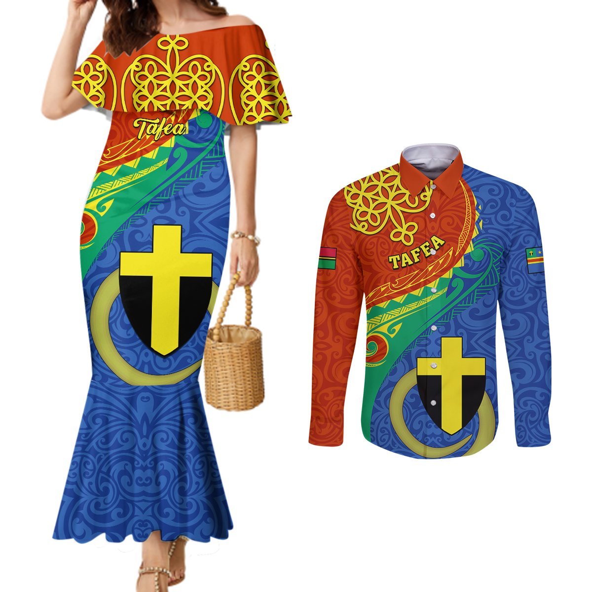 Personalized Tafea Day Couples Matching Mermaid Dress and Long Sleeve Button Shirts Sand Drawing Vanuatuan Pattern LT05 Blue - Polynesian Pride