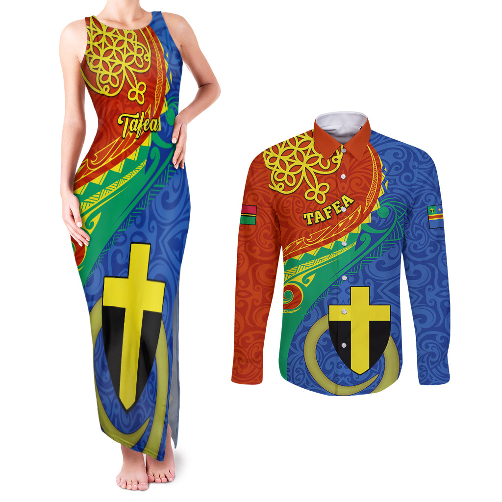 Personalized Tafea Day Couples Matching Tank Maxi Dress and Long Sleeve Button Shirts Sand Drawing Vanuatuan Pattern LT05 Blue - Polynesian Pride