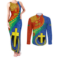Personalized Tafea Day Couples Matching Tank Maxi Dress and Long Sleeve Button Shirts Sand Drawing Vanuatuan Pattern LT05 Blue - Polynesian Pride
