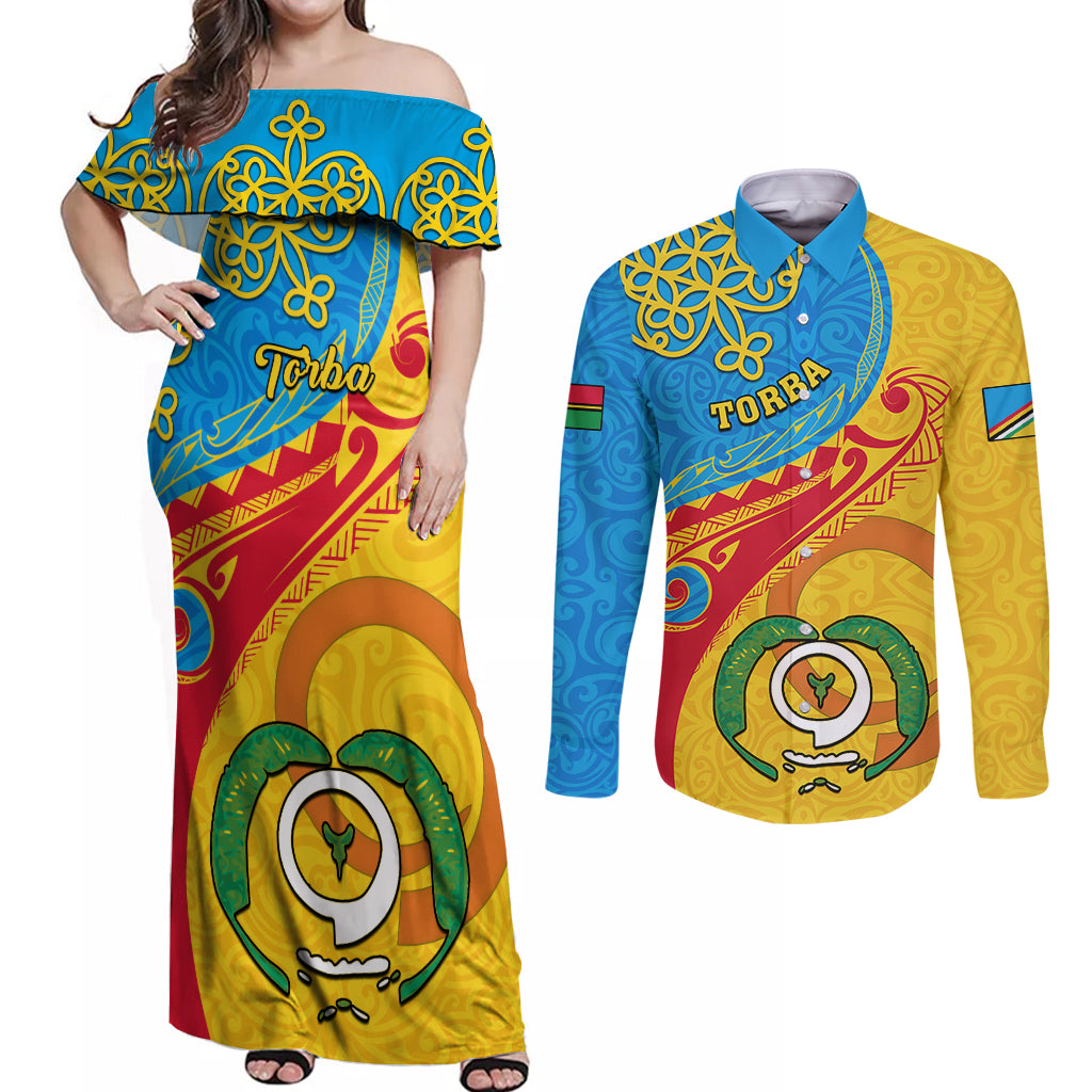 torba-day-couples-matching-off-shoulder-maxi-dress-and-long-sleeve-button-shirts-sand-drawing-vanuatuan-pattern