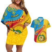 Torba Day Couples Matching Off Shoulder Short Dress and Hawaiian Shirt Sand Drawing Vanuatuan Pattern LT05 Yellow - Polynesian Pride