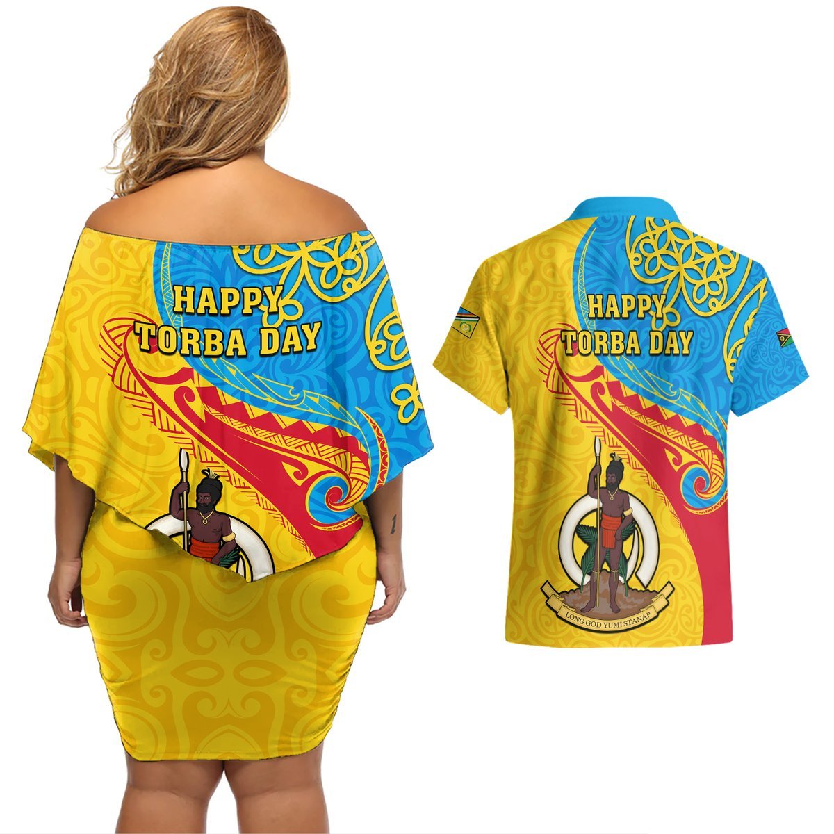 Torba Day Couples Matching Off Shoulder Short Dress and Hawaiian Shirt Sand Drawing Vanuatuan Pattern LT05 - Polynesian Pride