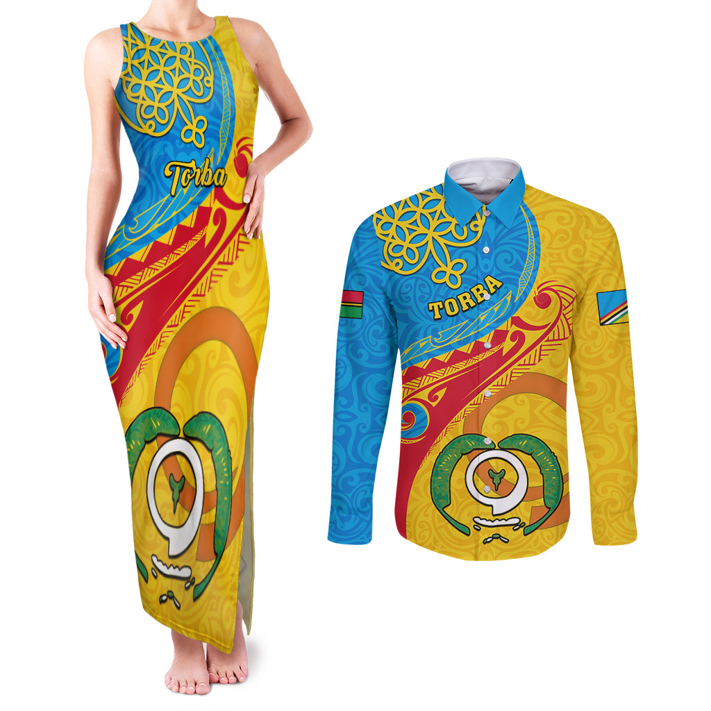 torba-day-couples-matching-tank-maxi-dress-and-long-sleeve-button-shirts-sand-drawing-vanuatuan-pattern