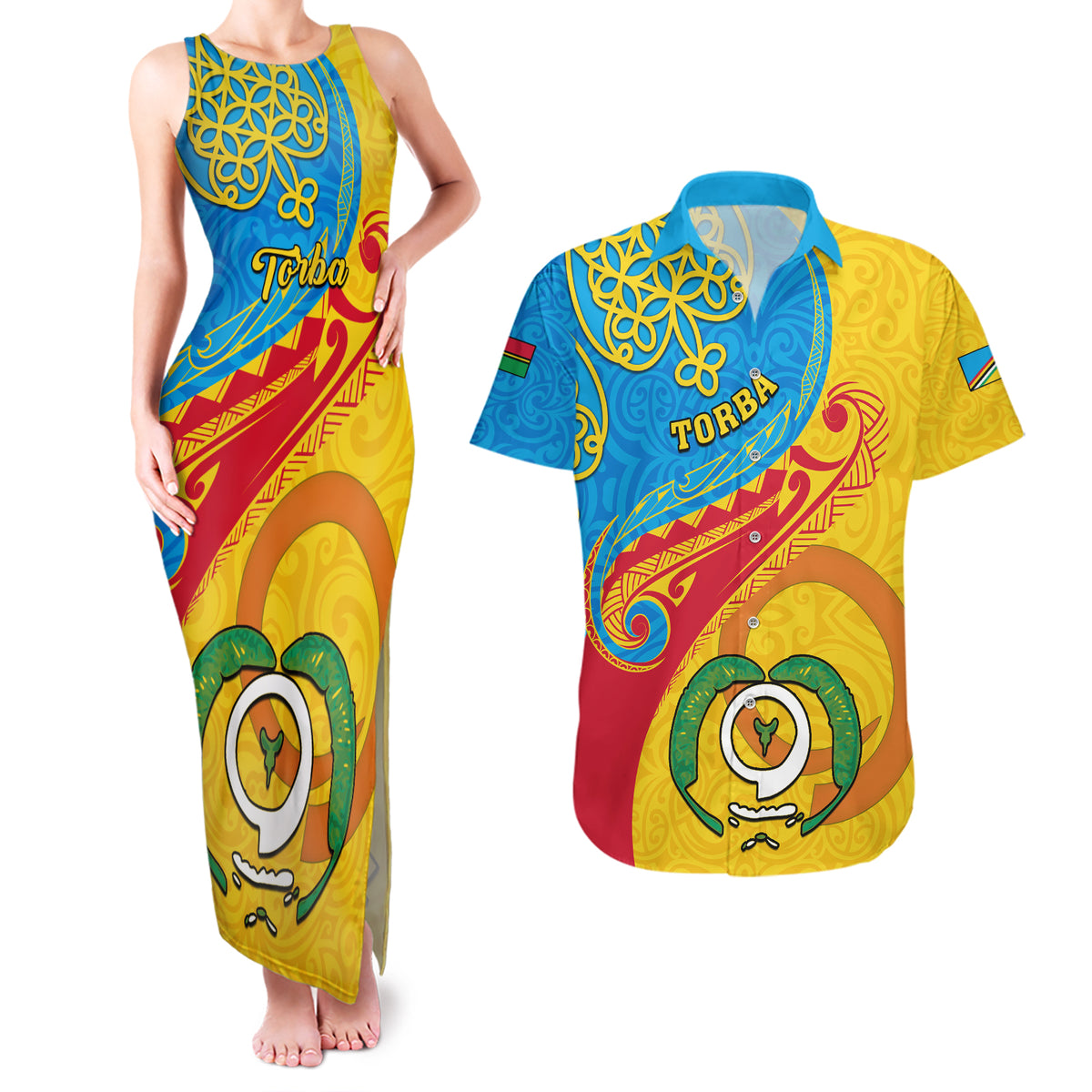 Personalized Torba Day Couples Matching Tank Maxi Dress and Hawaiian Shirt Sand Drawing Vanuatuan Pattern LT05 Yellow - Polynesian Pride
