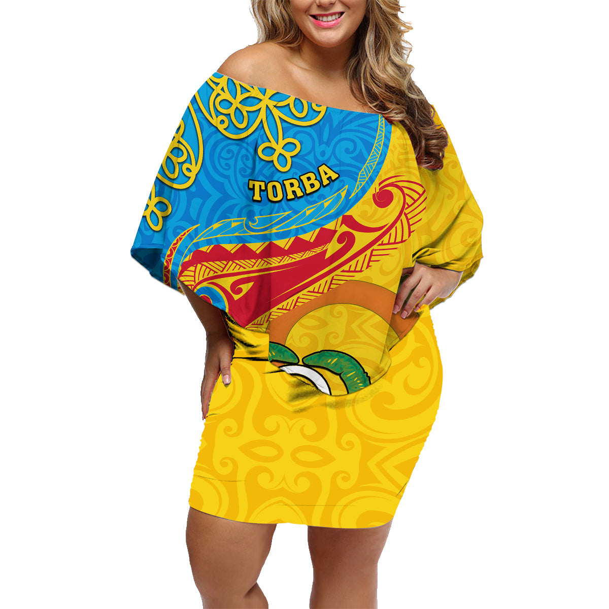 Personalized Torba Day Family Matching Off Shoulder Short Dress and Hawaiian Shirt Sand Drawing Vanuatuan Pattern LT05 Mom's Dress Yellow - Polynesian Pride