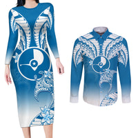 FSM Yap Constitution Day Couples Matching Long Sleeve Bodycon Dress and Long Sleeve Button Shirt Polynesian Batoids LT05 Blue - Polynesian Pride