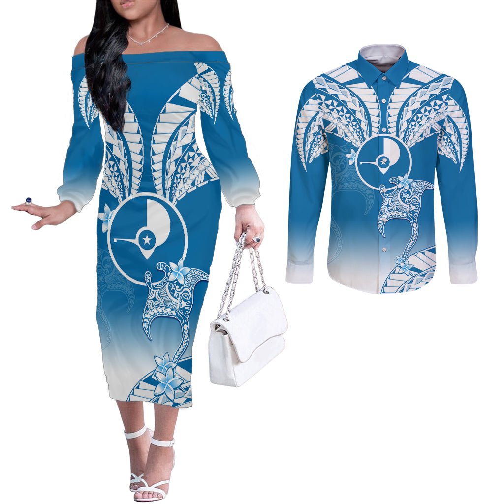 FSM Yap Constitution Day Couples Matching Off The Shoulder Long Sleeve Dress and Long Sleeve Button Shirt Polynesian Batoids LT05 Blue - Polynesian Pride