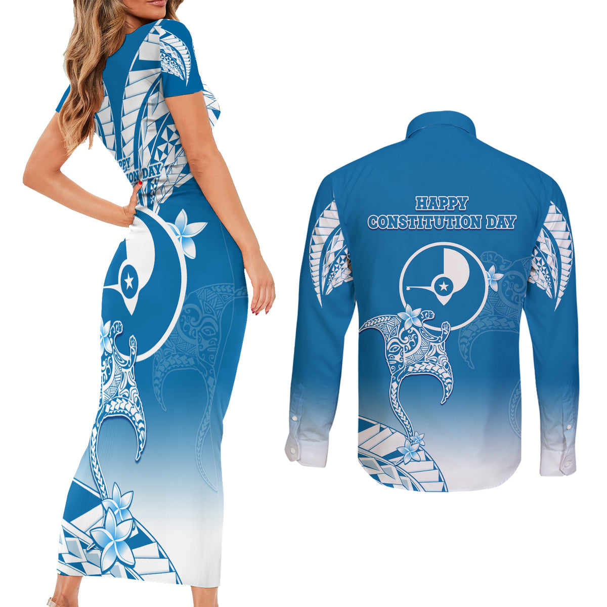 FSM Yap Constitution Day Couples Matching Short Sleeve Bodycon Dress and Long Sleeve Button Shirt Polynesian Batoids LT05 - Polynesian Pride