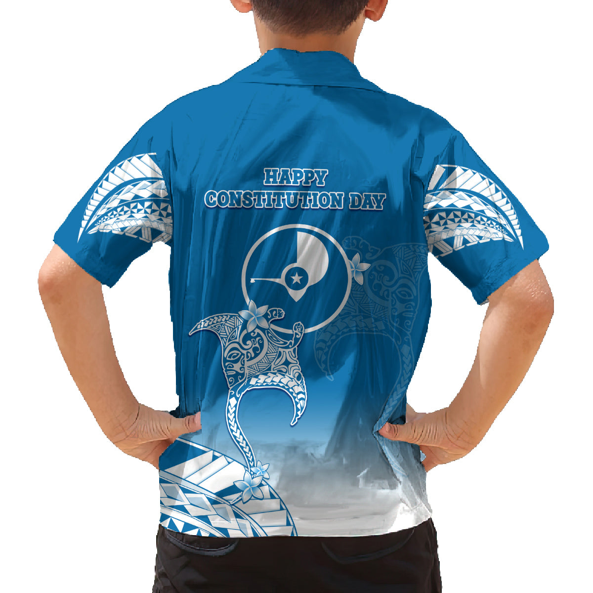 FSM Yap Constitution Day Family Matching Off Shoulder Long Sleeve Dress and Hawaiian Shirt Polynesian Batoids LT05 - Polynesian Pride